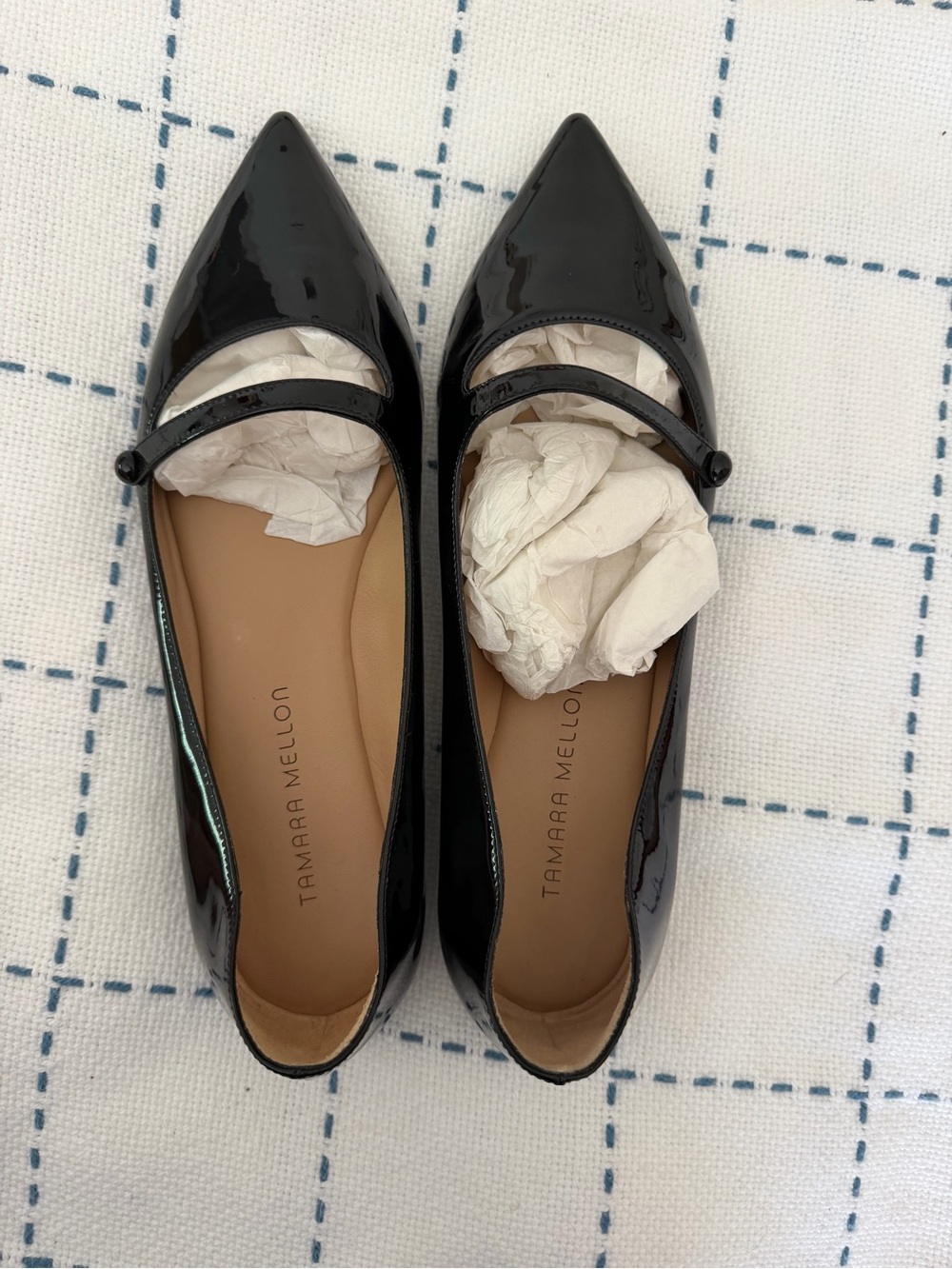NWOT Tamara Mellon Black Patent Leather Pointed-Toe Mary Jane Flats - Picture 3 of 7